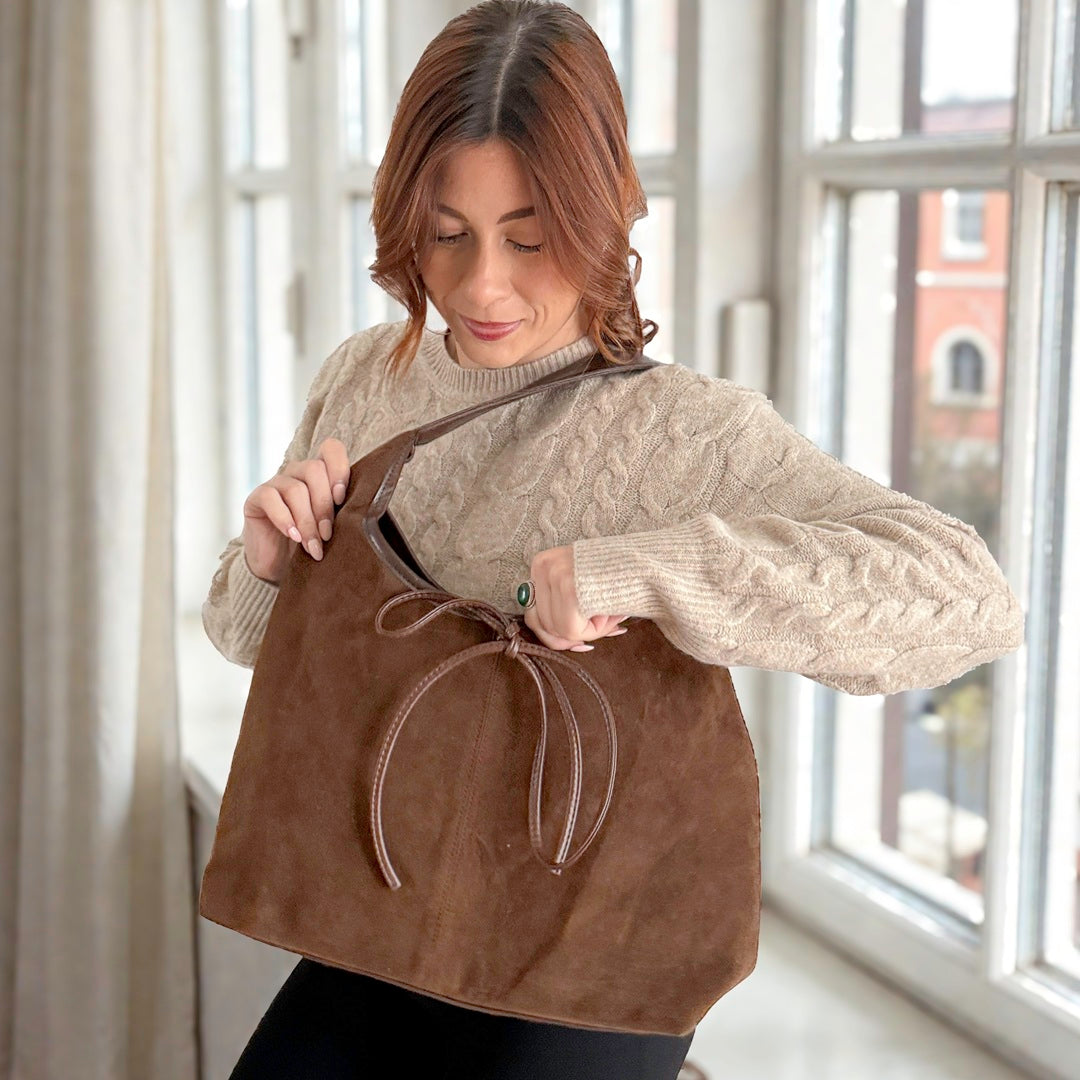 Brown suede bow shoulder bag