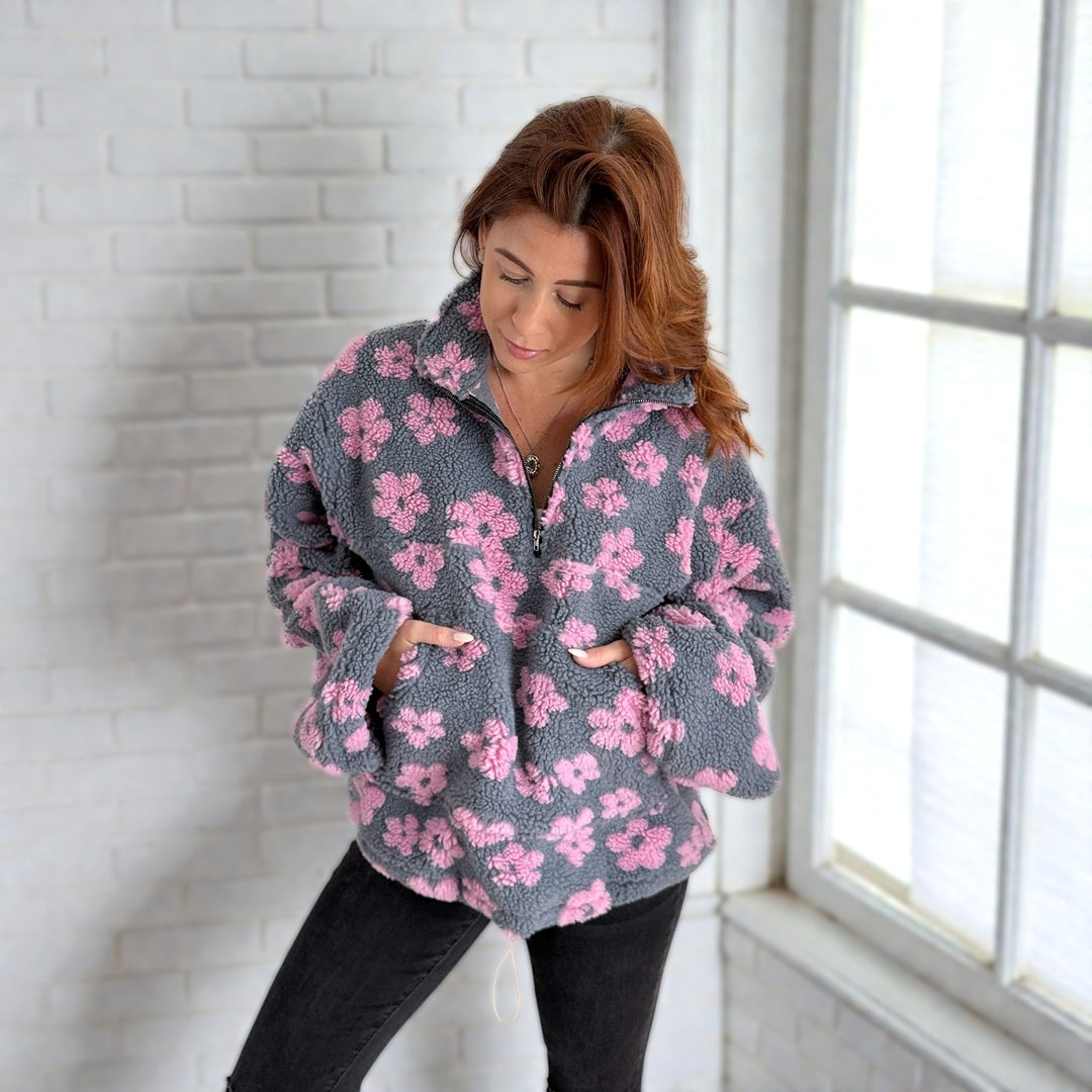 Floral fleece half-zip pullover